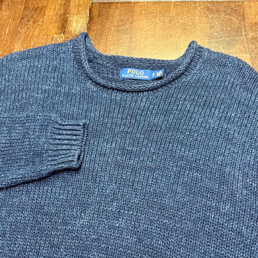 Polo Ralph Lauren Rolled Neck Sweater Mens Small Blue Cotton Shaker Knit Crew